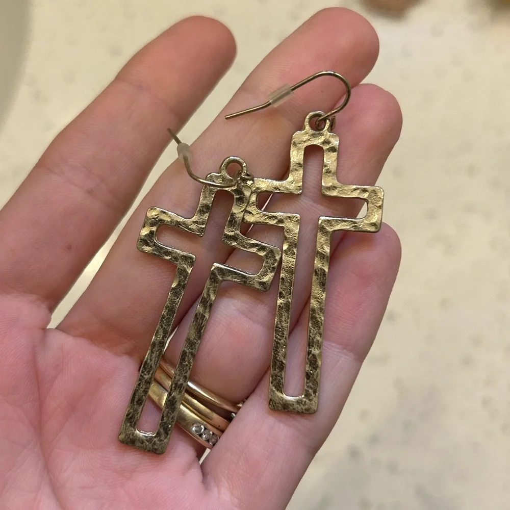 Hammered Gold Cross Earrings - Picture 3 of 3